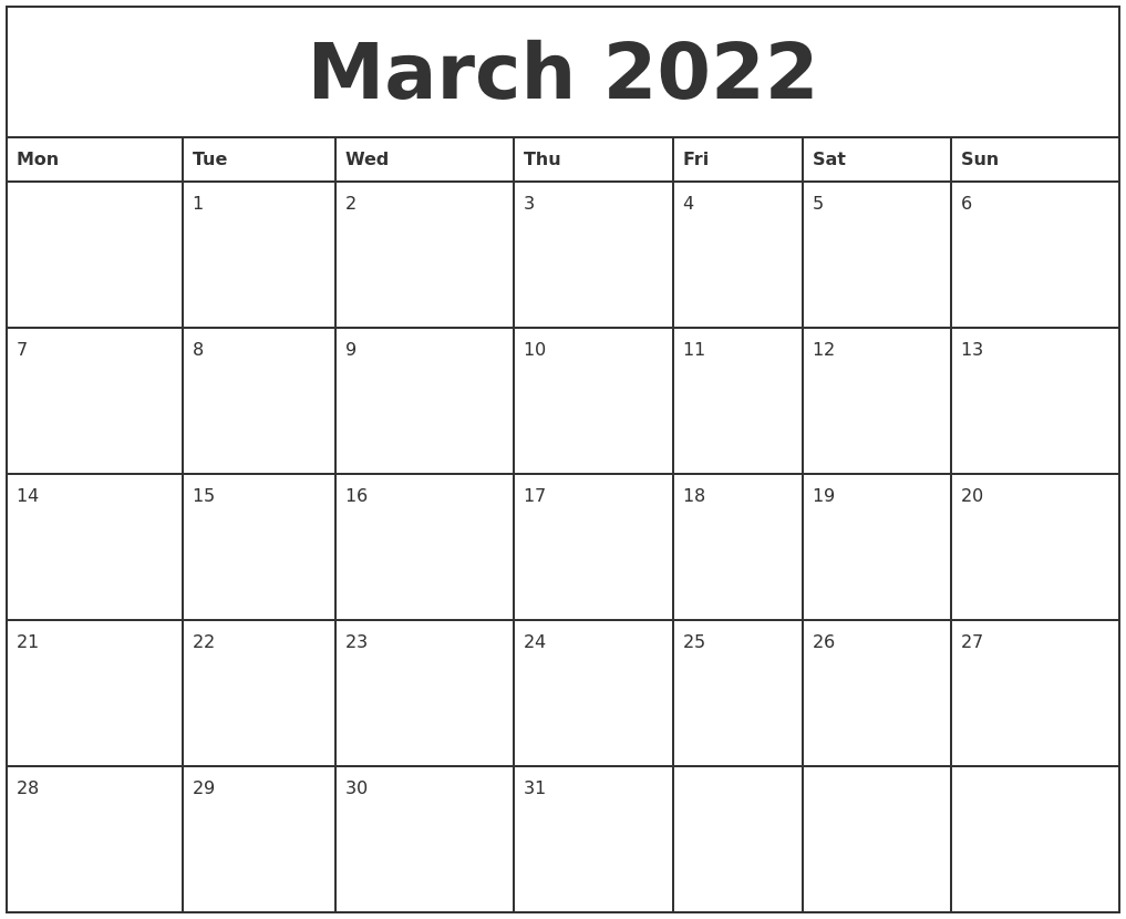 March 2022 Printable Monthly Calendar
