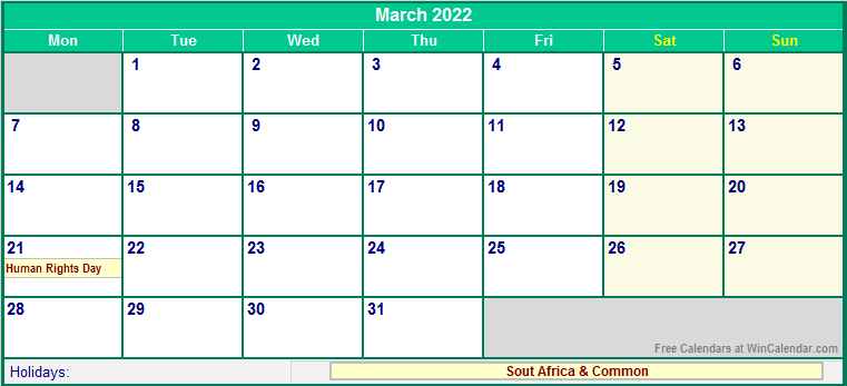 March 2022 South Africa Calendar With Holidays For