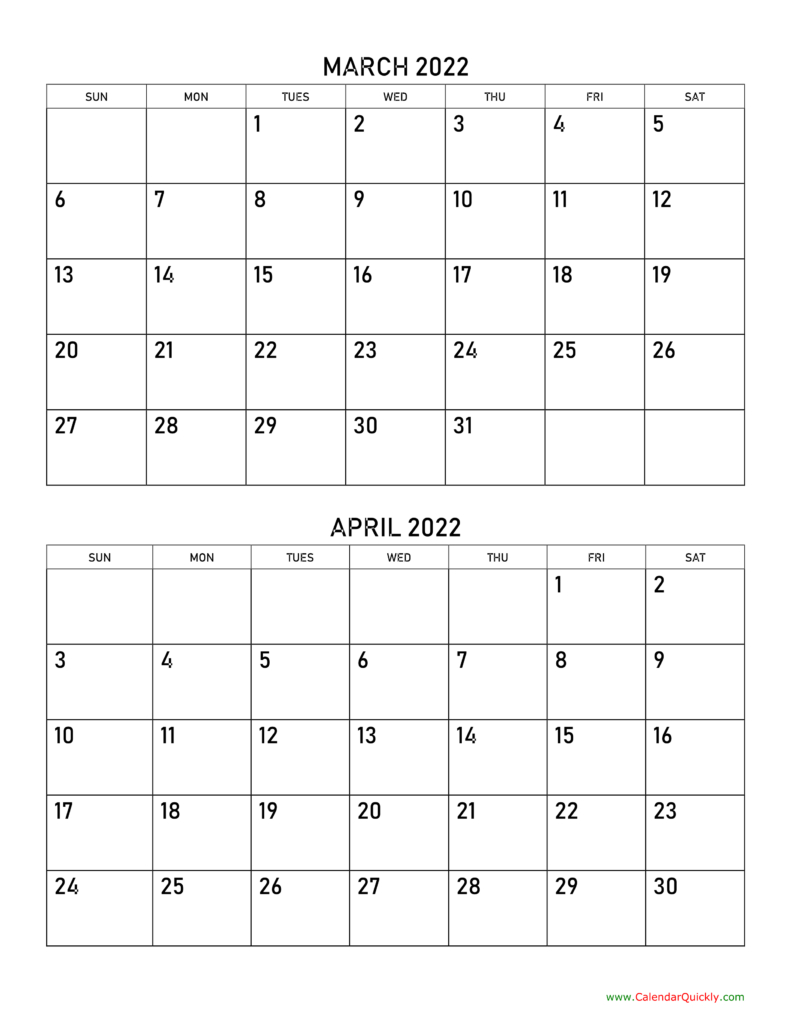 March And April 2022 Calendar Printable - Print A Calendars
