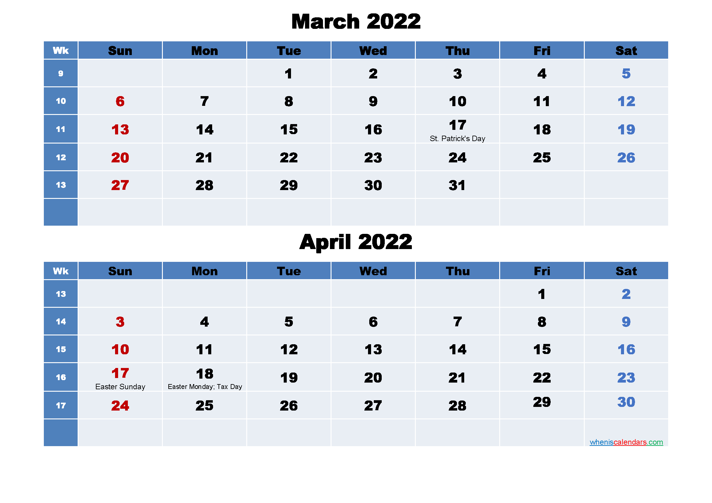 March And April 2022 Calendar With Holidays
