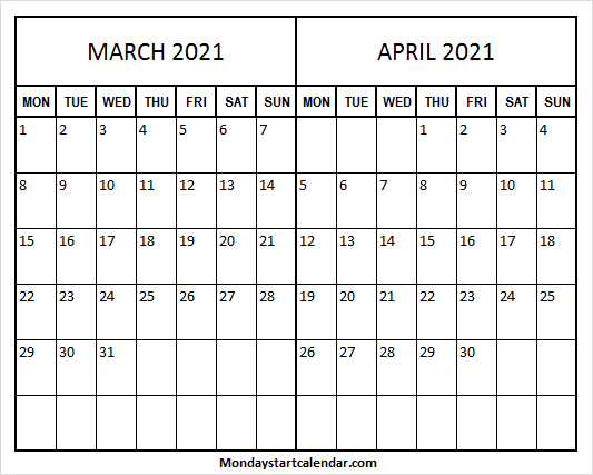 March April 2021 Calendar Template - Two Month Calendar 2021