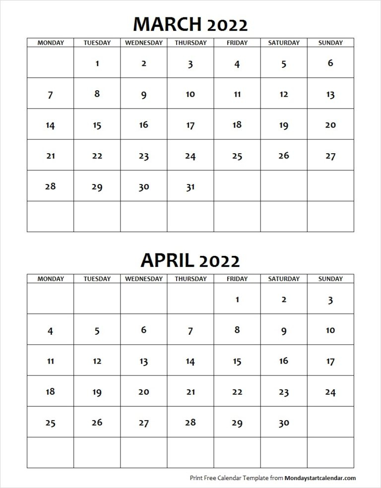 March April 2022 Calendar Monday Start | Editable Two