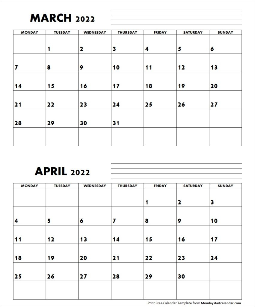 March April 2022 Calendar Monday Start | Editable Two