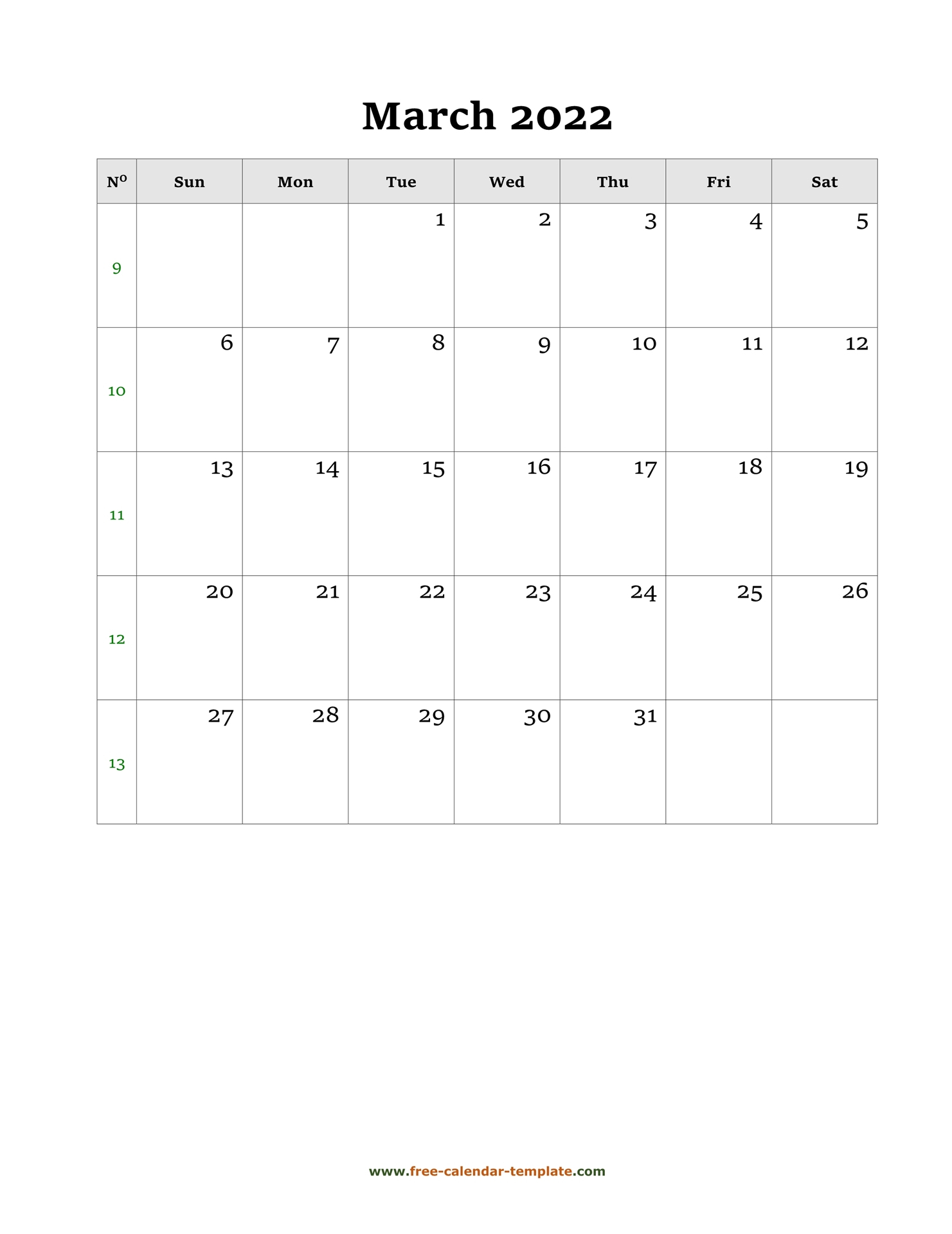 March Calendar 2022 Simple Design With Large Box On Each