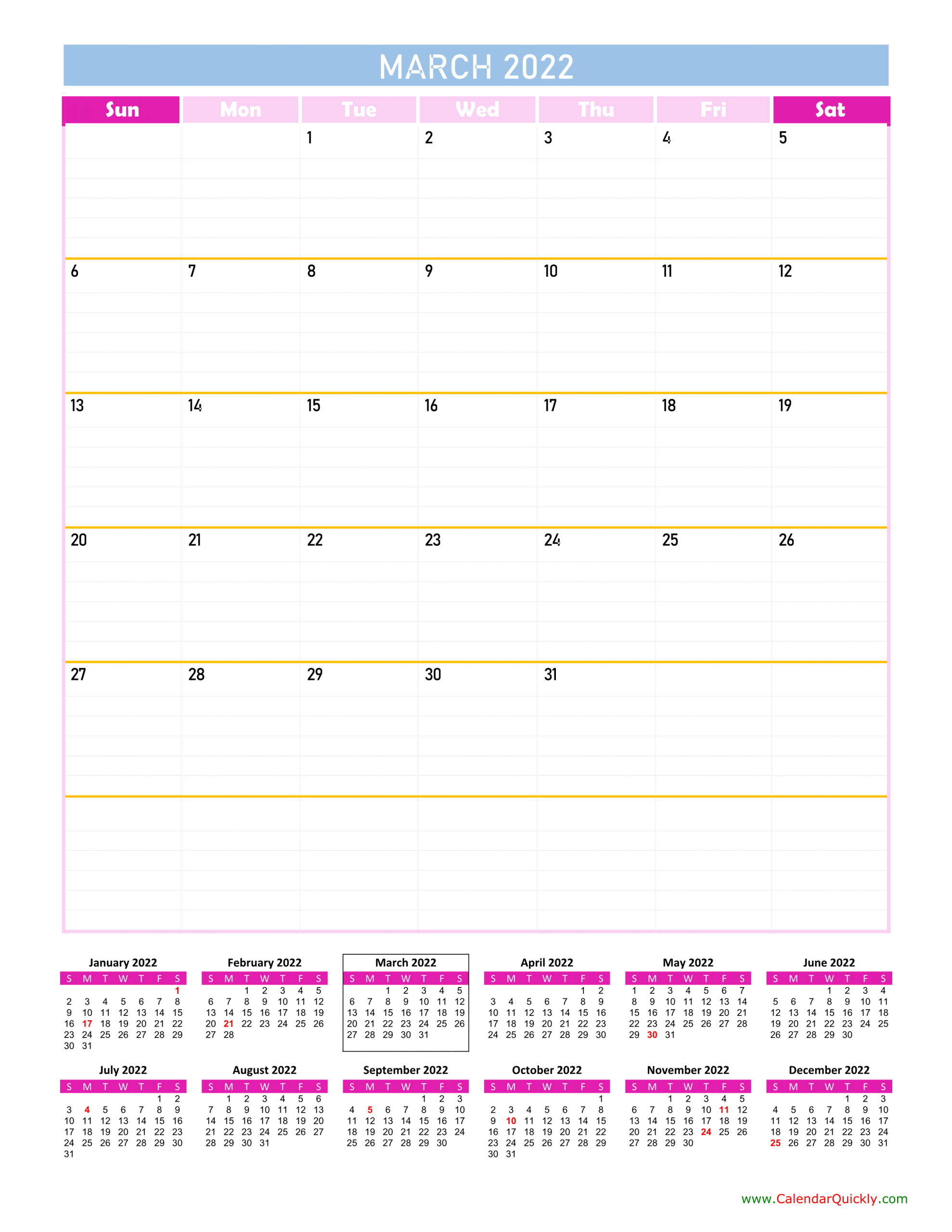 March Calendar 2022 Vertical | Calendar Quickly