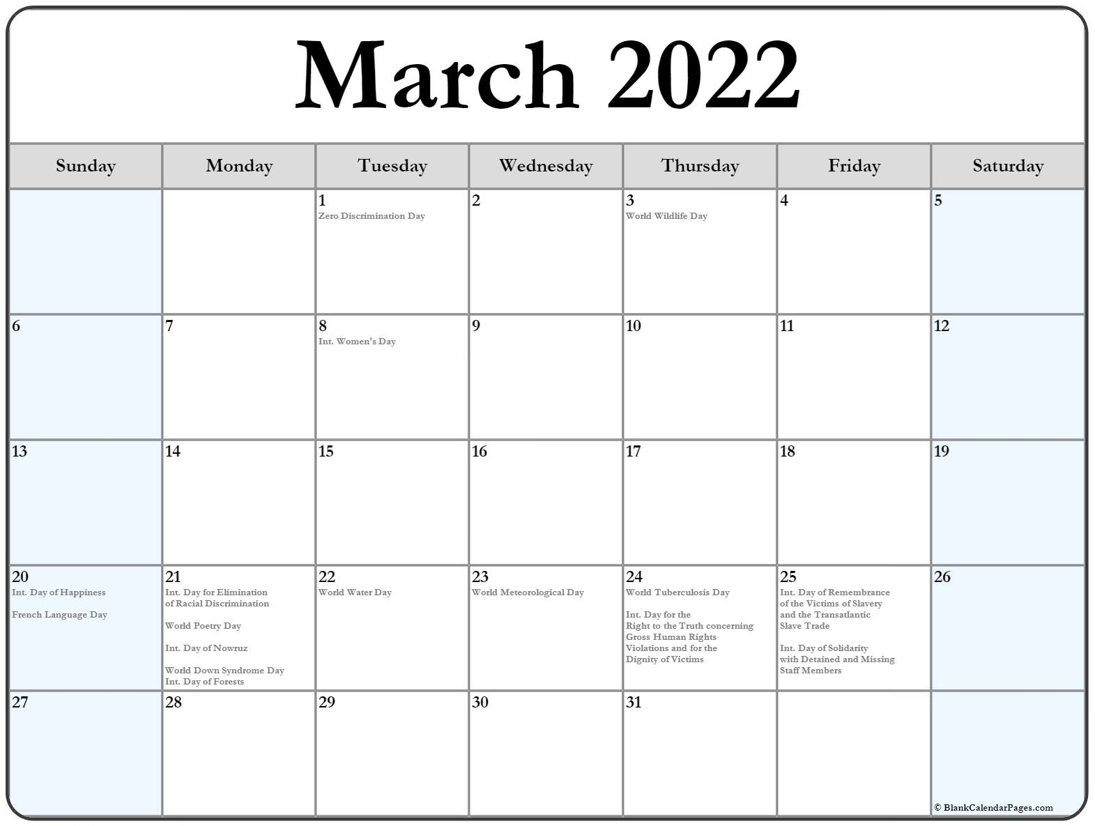 March Calendar 2022 With Holidays - Blank Calendar 2022