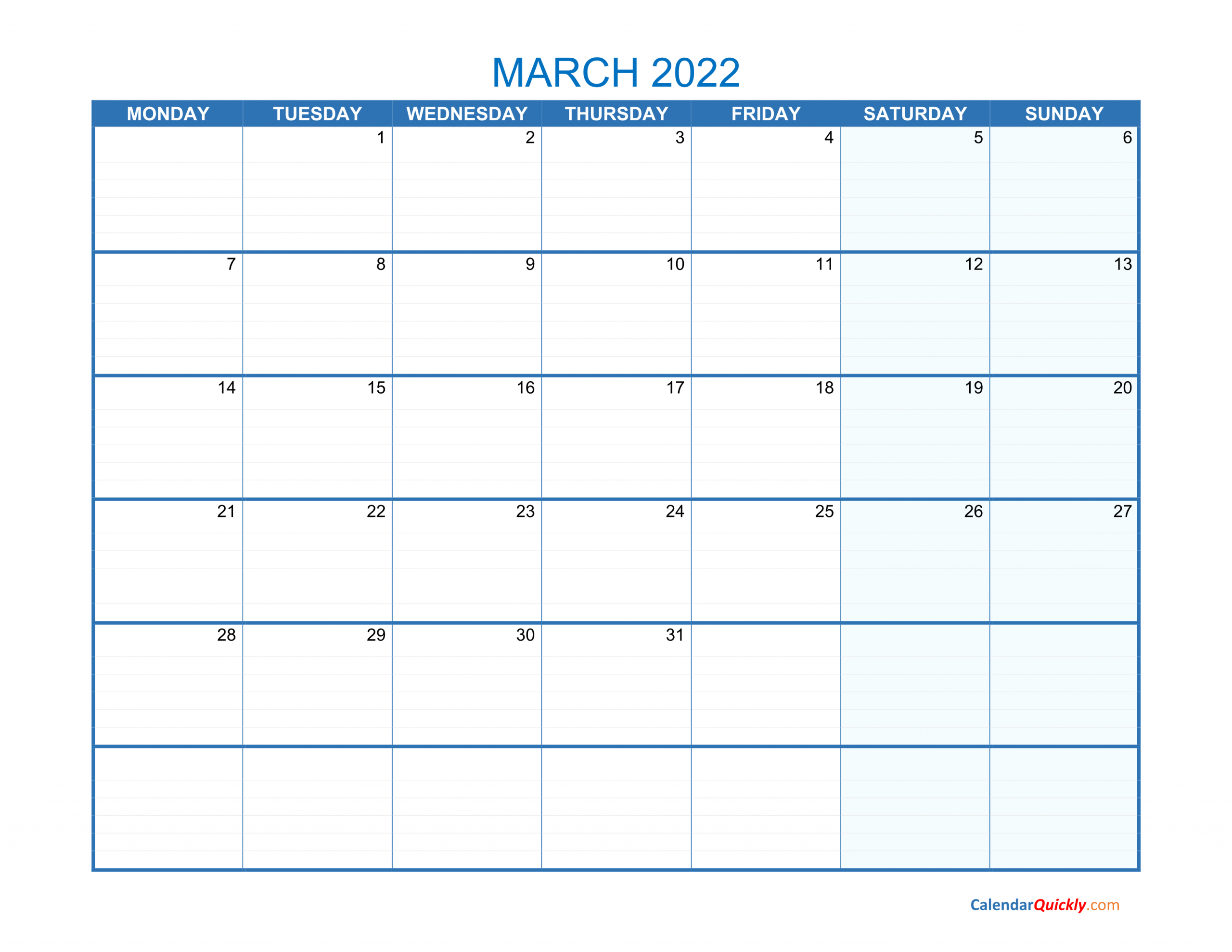 March Monday 2022 Blank Calendar | Calendar Quickly