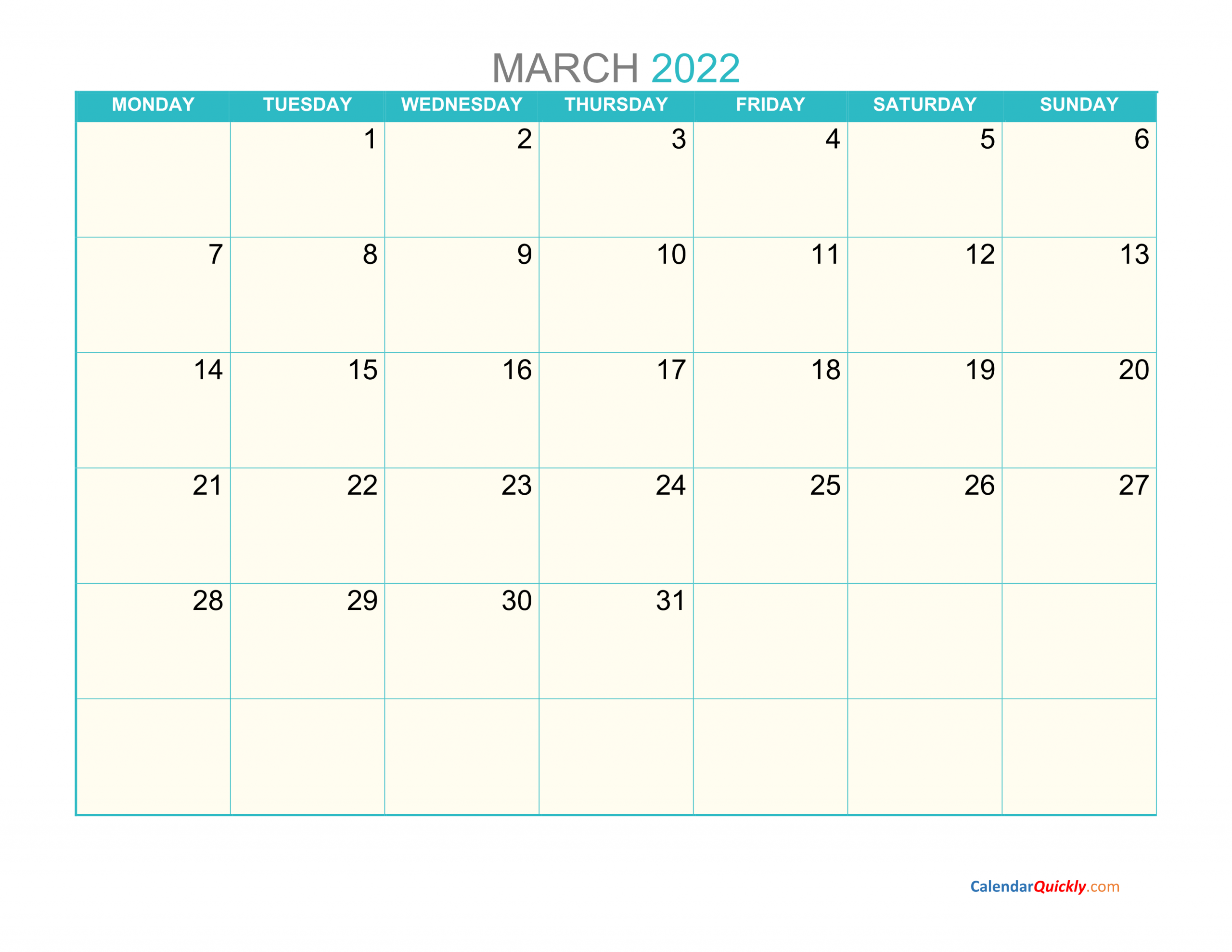 March Monday 2022 Calendar Printable | Calendar Quickly