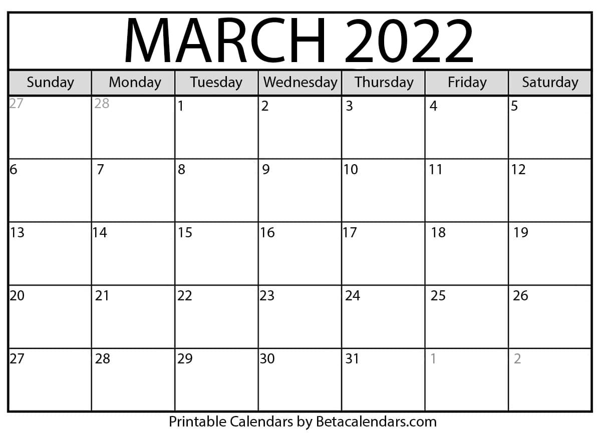 March Printable Calendar Monthly 2022