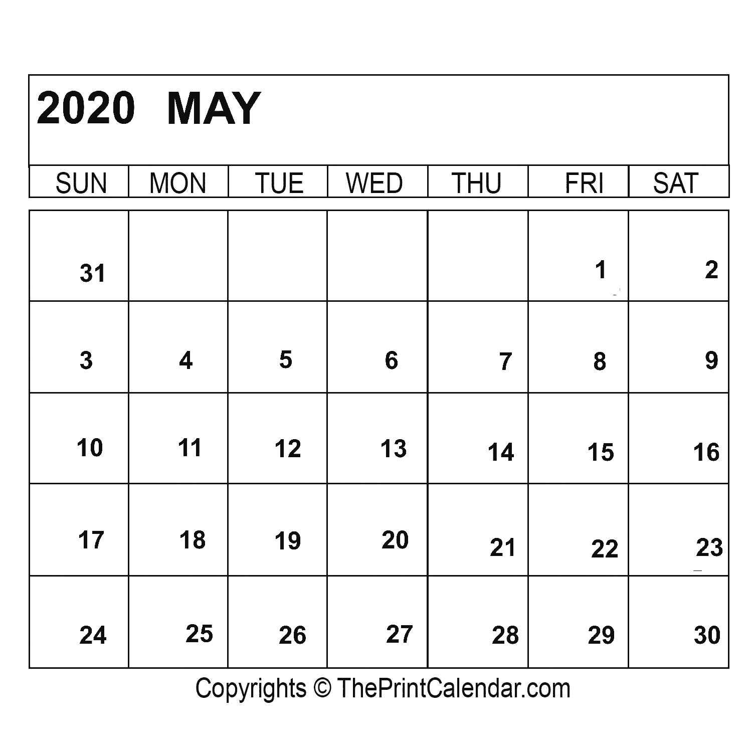 May 2020 Printable Calendar Template [Pdf, Word &amp; Excel]
