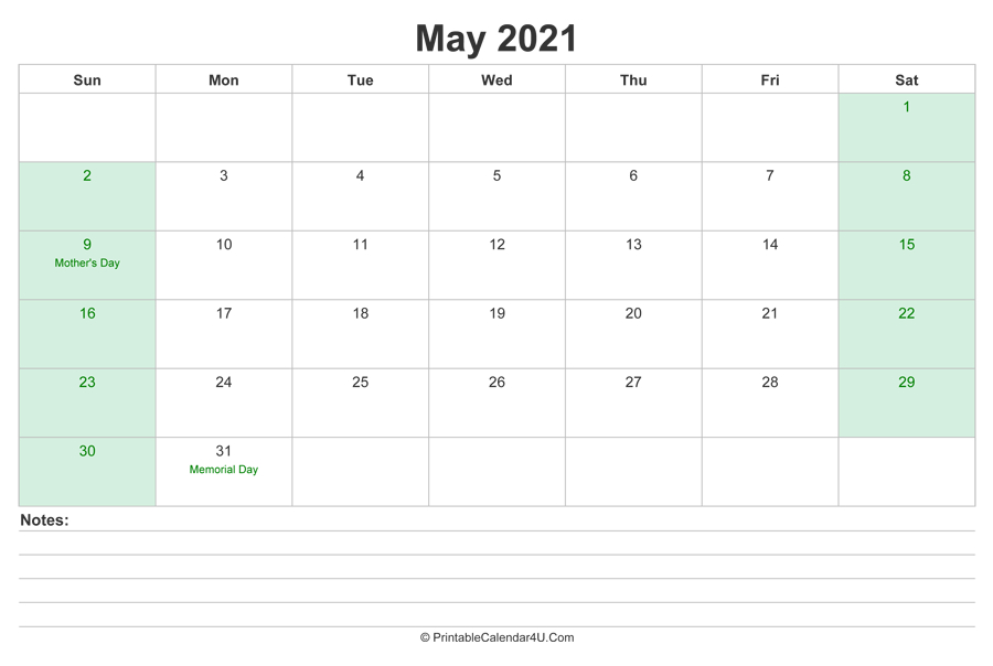May 2021 Calendar With Us Holidays And Notes (Landscape