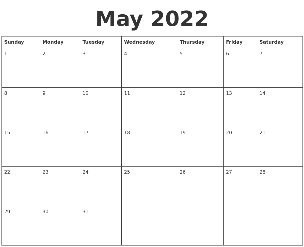 May 2022 Blank Calendar Template