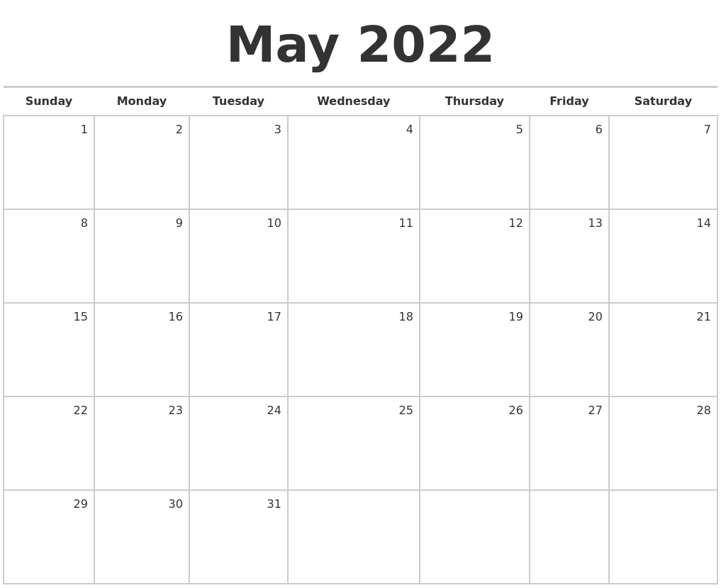 May 2022 Blank Monthly Calendar