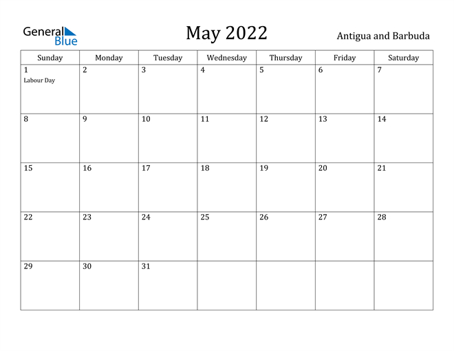 May 2022 Calendar - Antigua And Barbuda