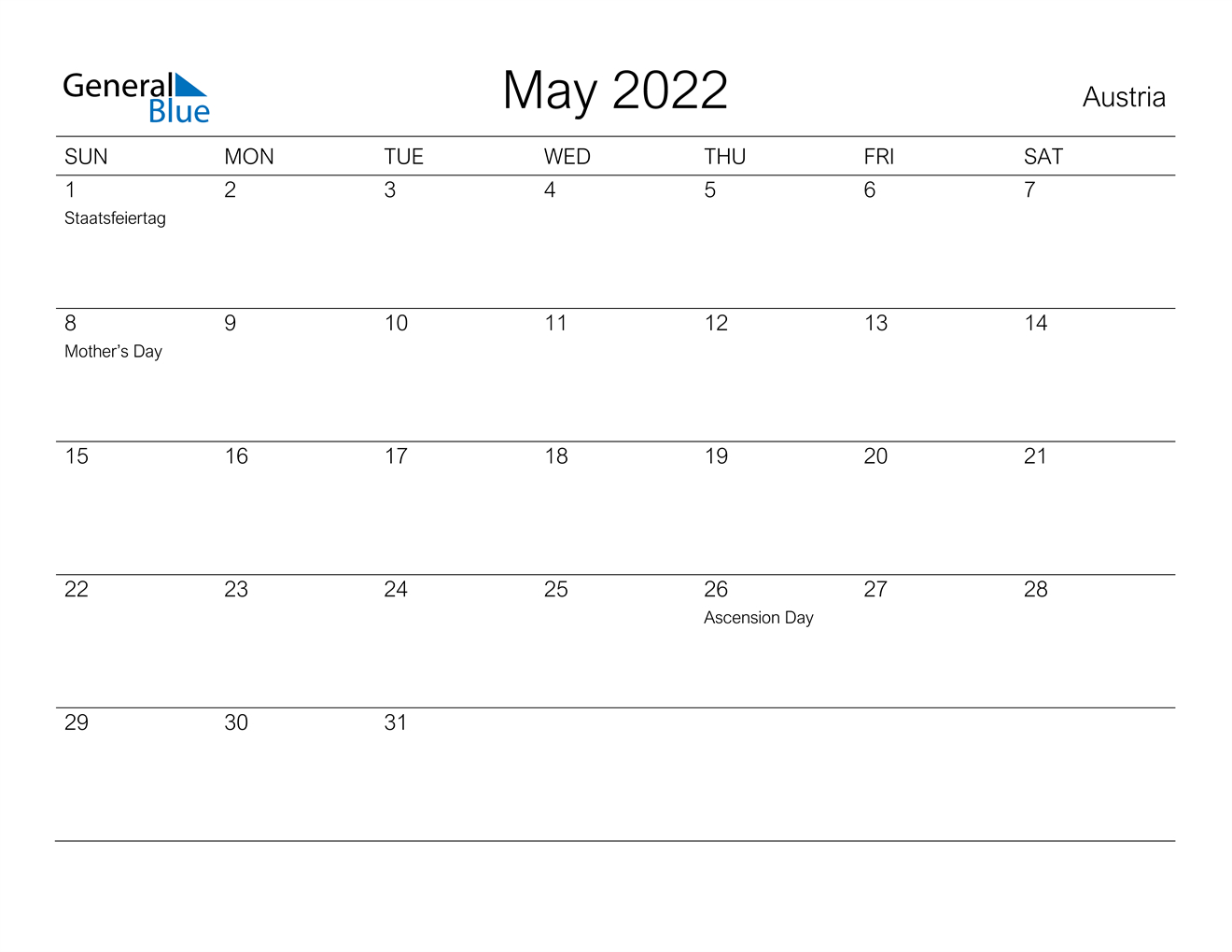 May 2022 Calendar - Austria