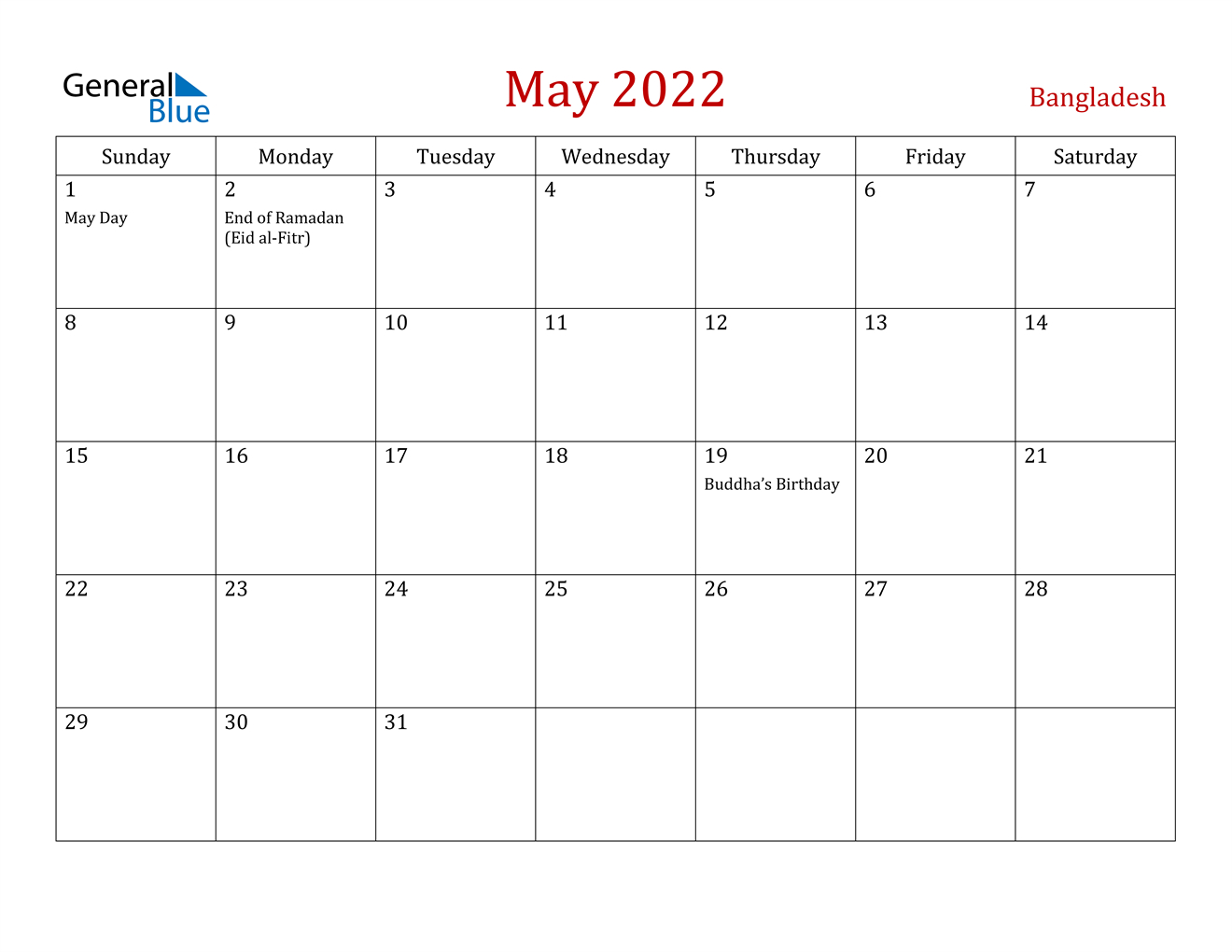 May 2022 Calendar - Bangladesh