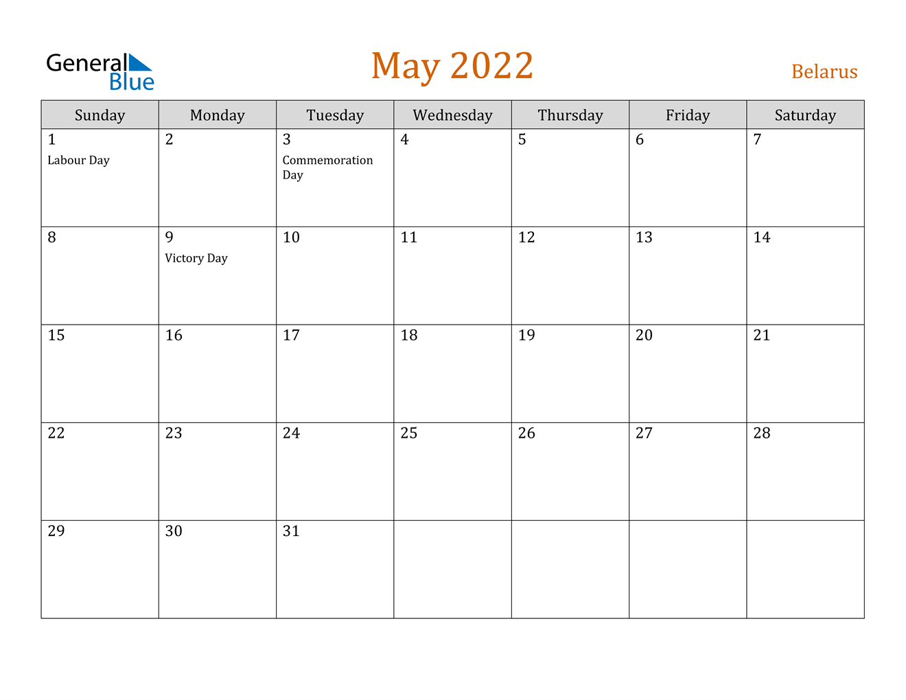 May 2022 Calendar - Belarus