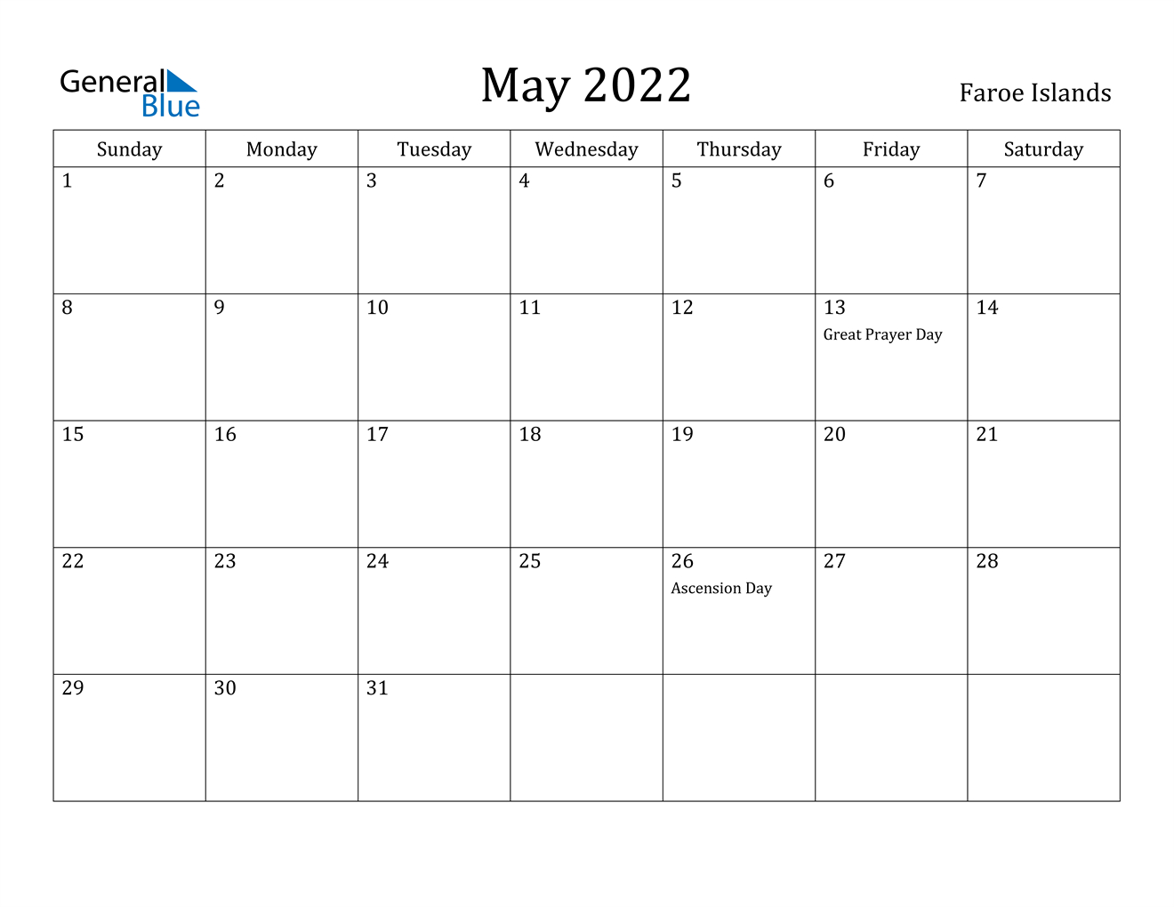May 2022 Calendar - Faroe Islands