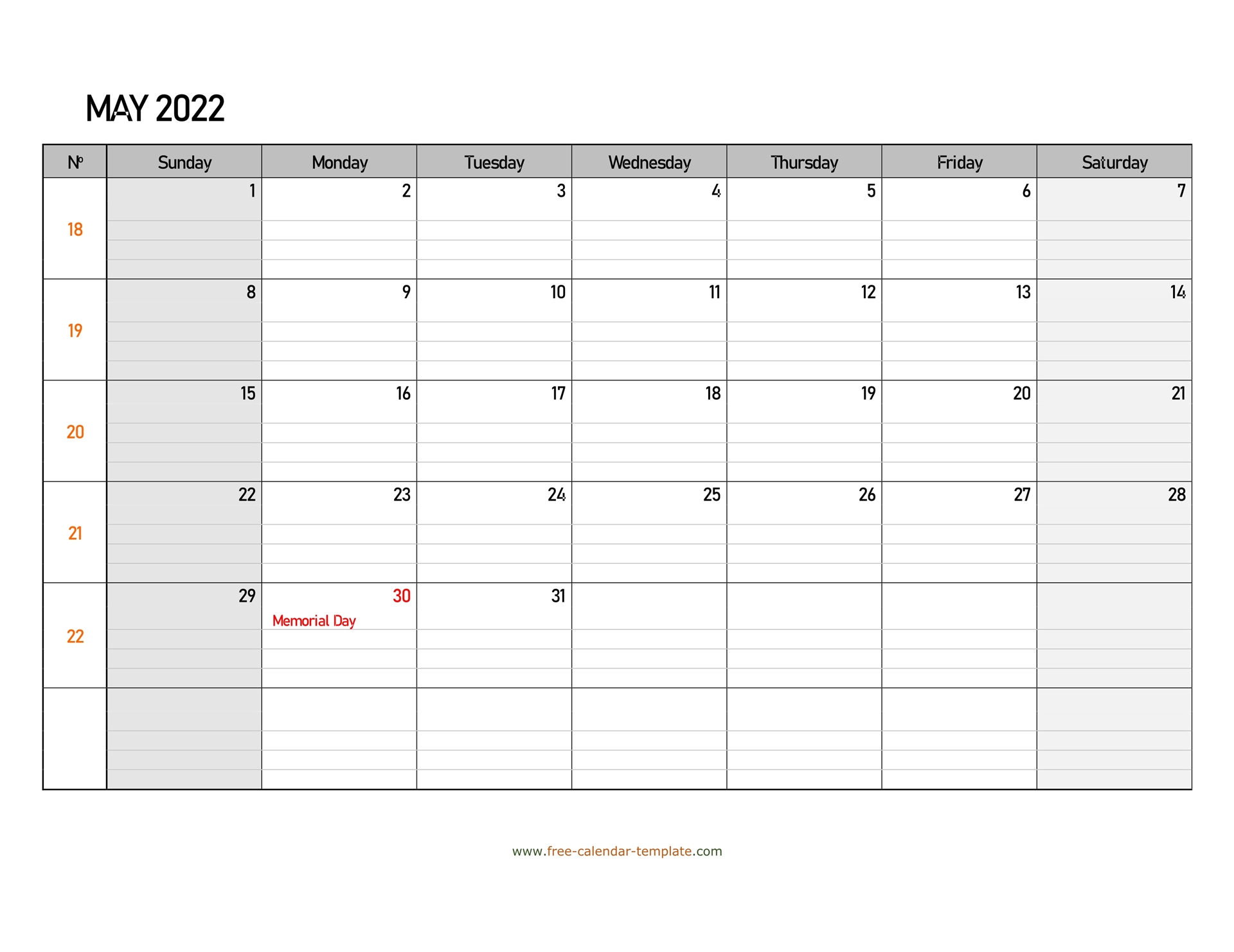 May 2022 Calendar Free Printable With Grid Lines Designed