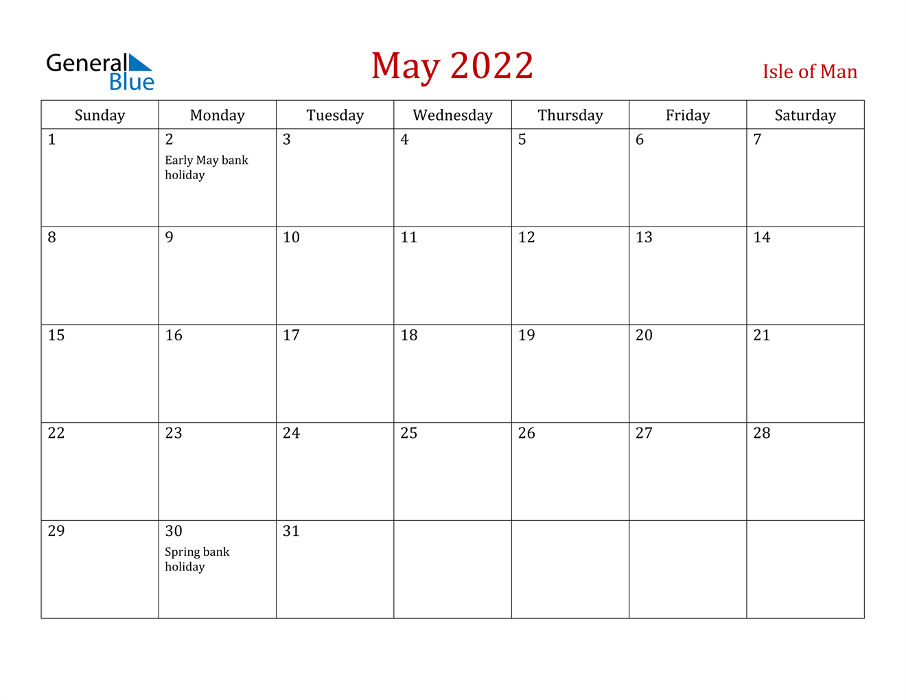 May 2022 Calendar - Isle Of Man