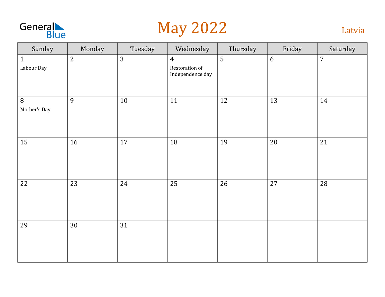 May 2022 Calendar - Latvia