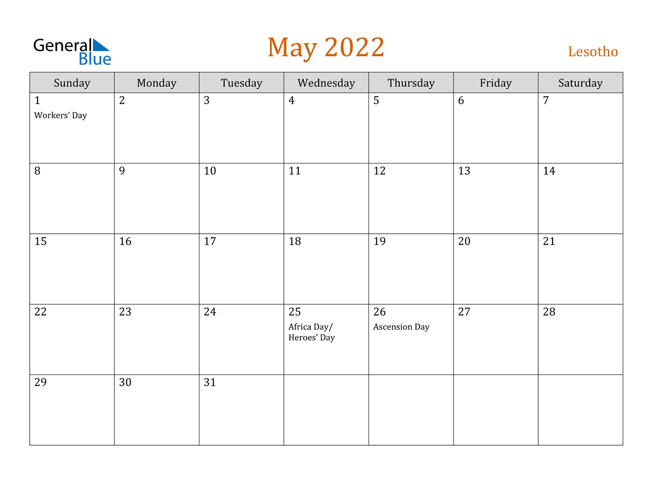 May 2022 Calendar - Lesotho