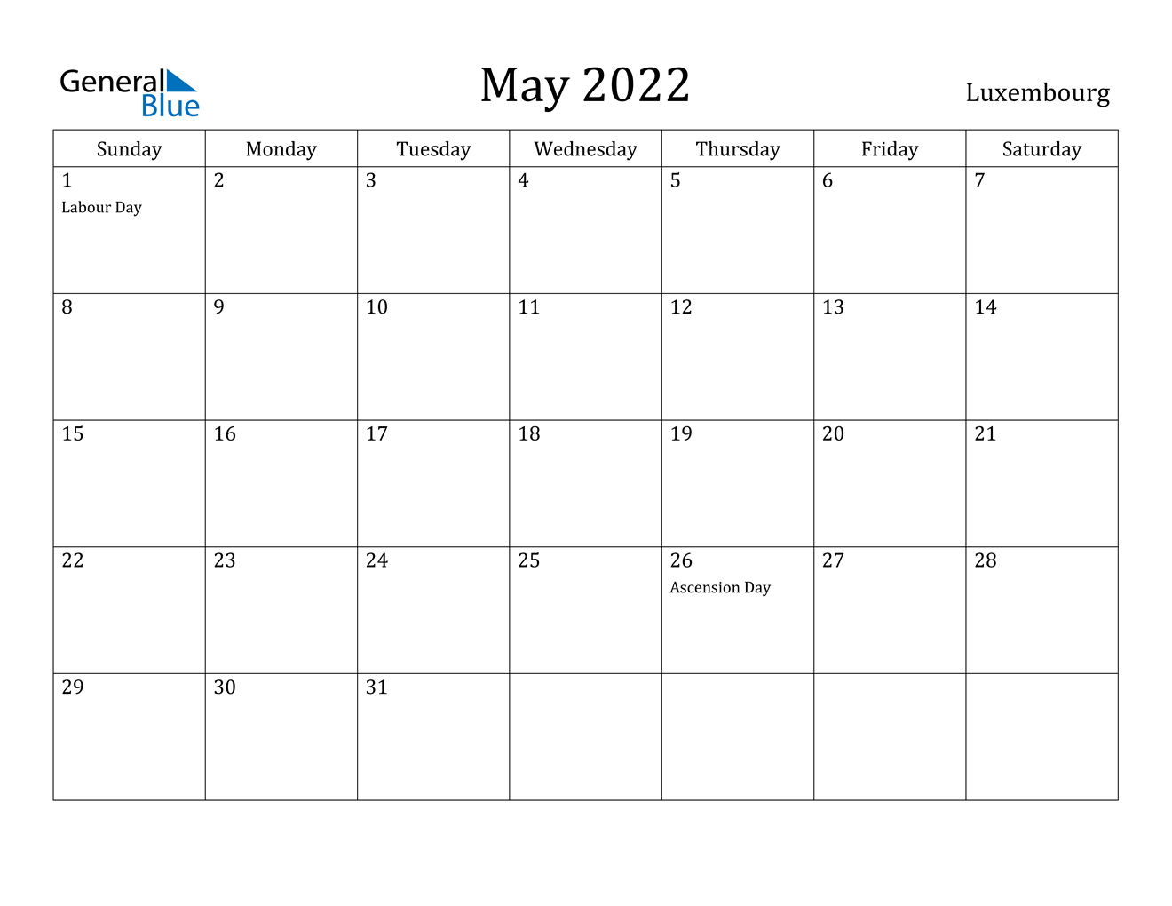 May 2022 Calendar - Luxembourg