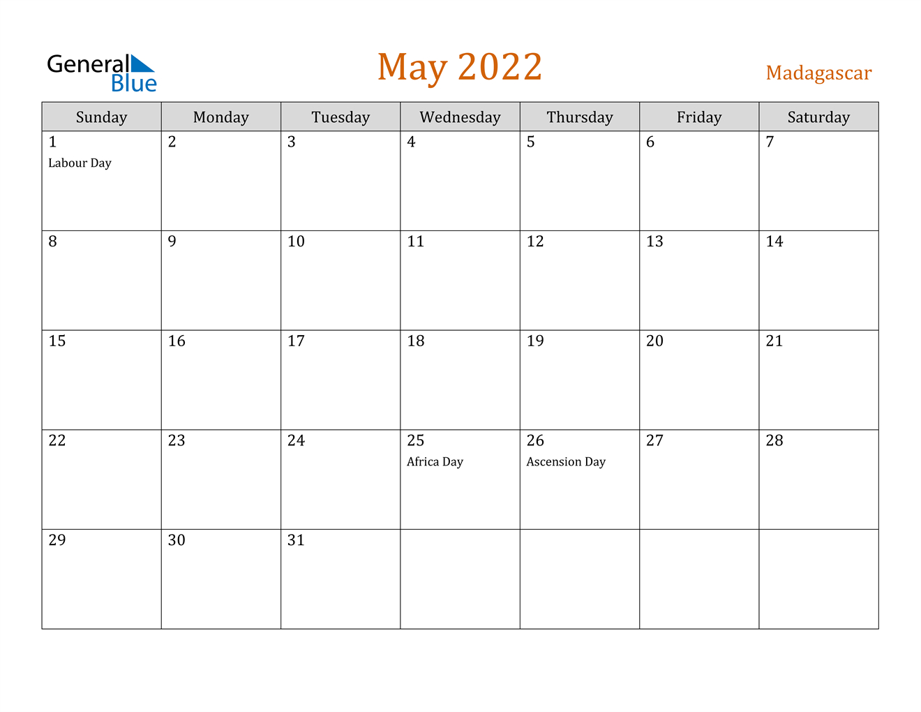May 2022 Calendar - Madagascar