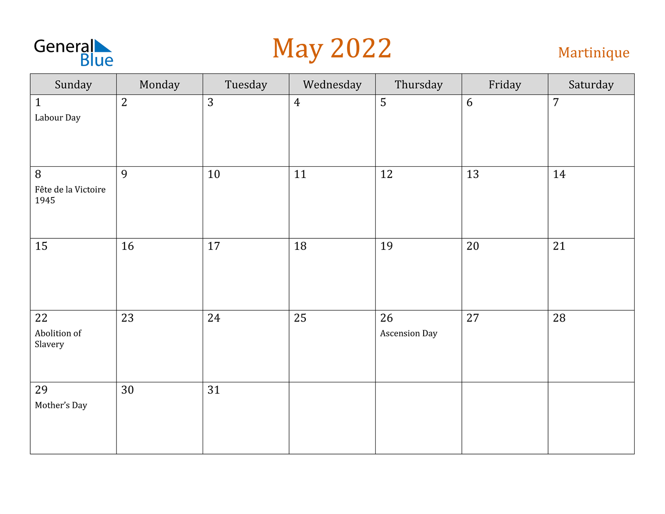 May 2022 Calendar - Martinique