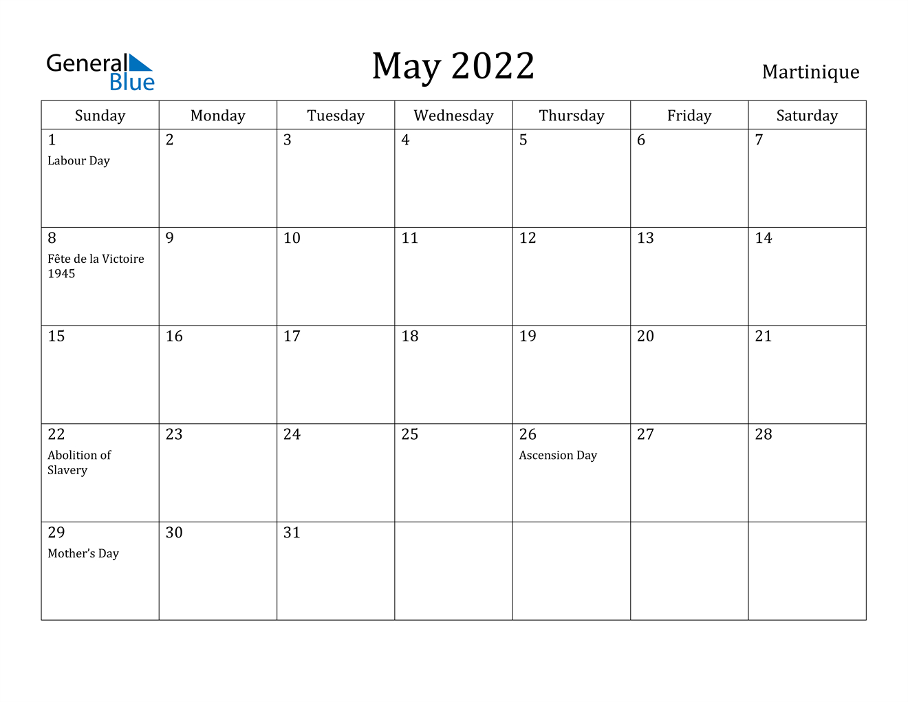 May 2022 Calendar - Martinique