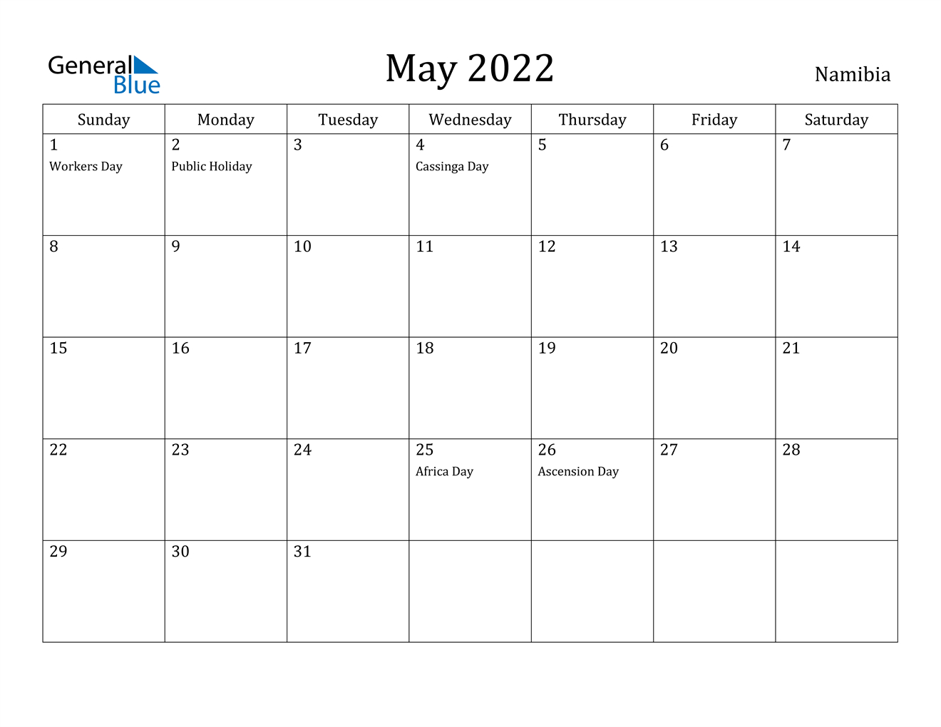 May 2022 Calendar - Namibia