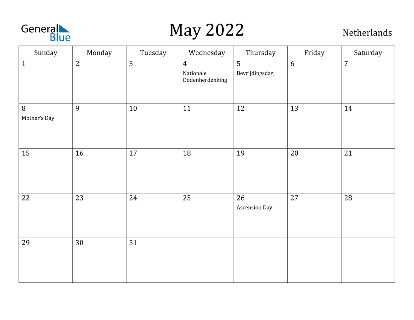 May 2022 Calendar - Netherlands
