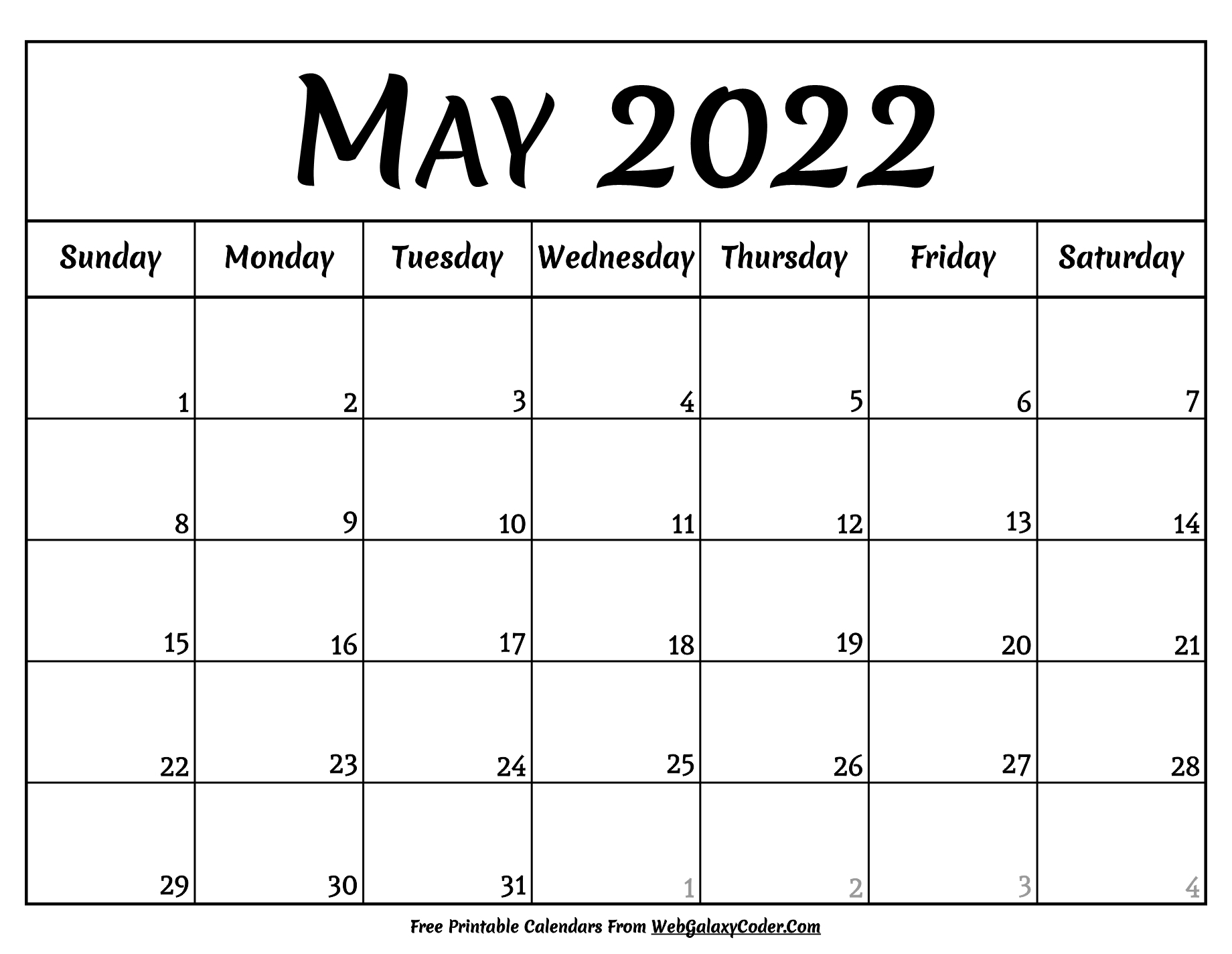 May 2022 Calendar - Printable Format - Print Now
