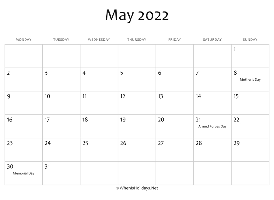 May 2022 Calendar Printable With Holidays | Whenisholidays