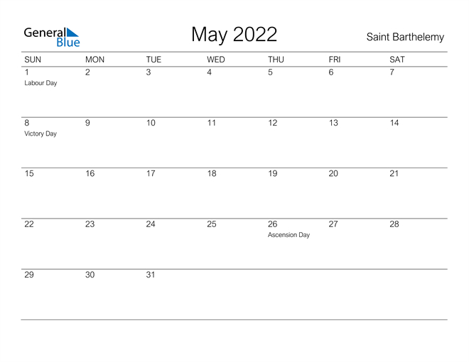 May 2022 Calendar - Saint Barthelemy