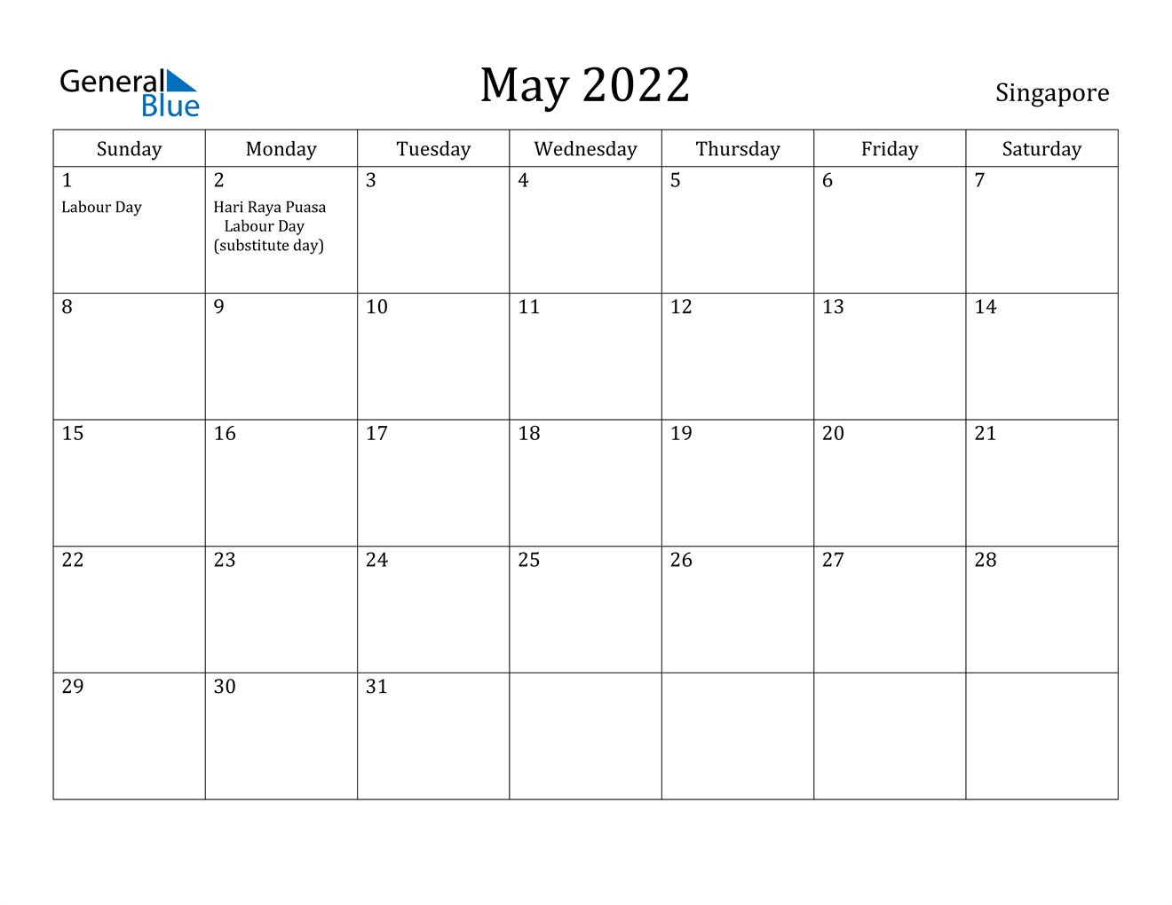 May 2022 Calendar - Singapore