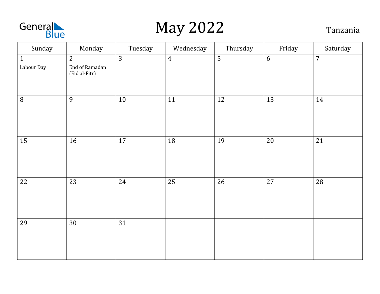 May 2022 Calendar - Tanzania