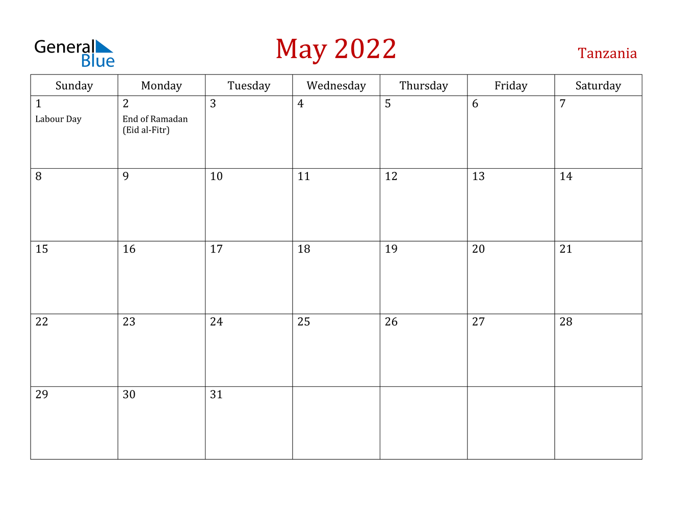May 2022 Calendar - Tanzania