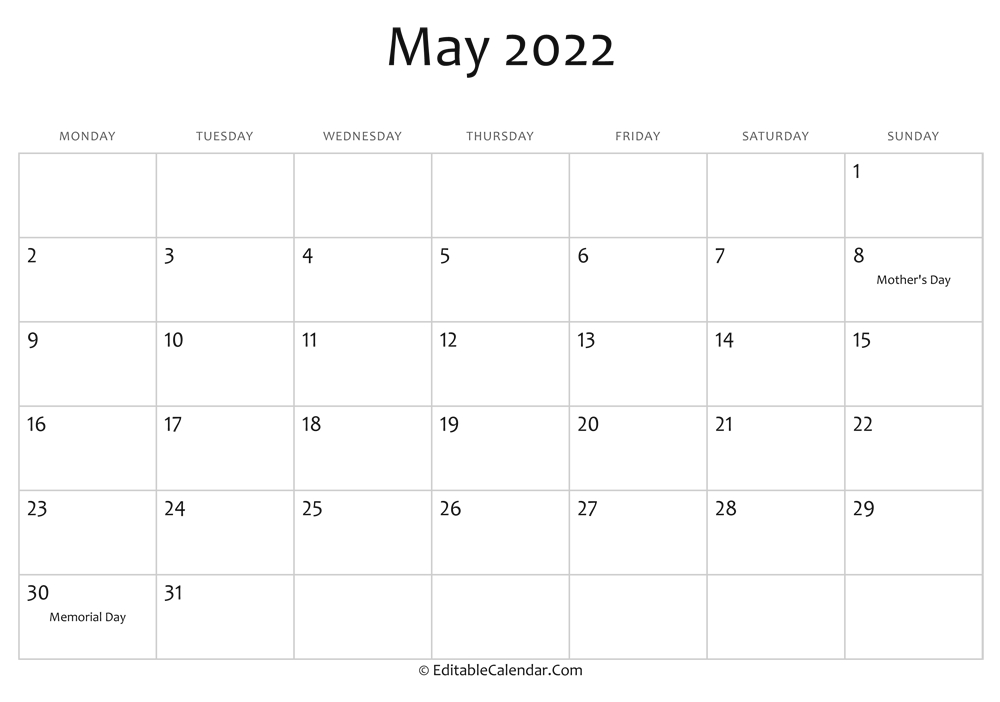 May 2022 Calendar Templates