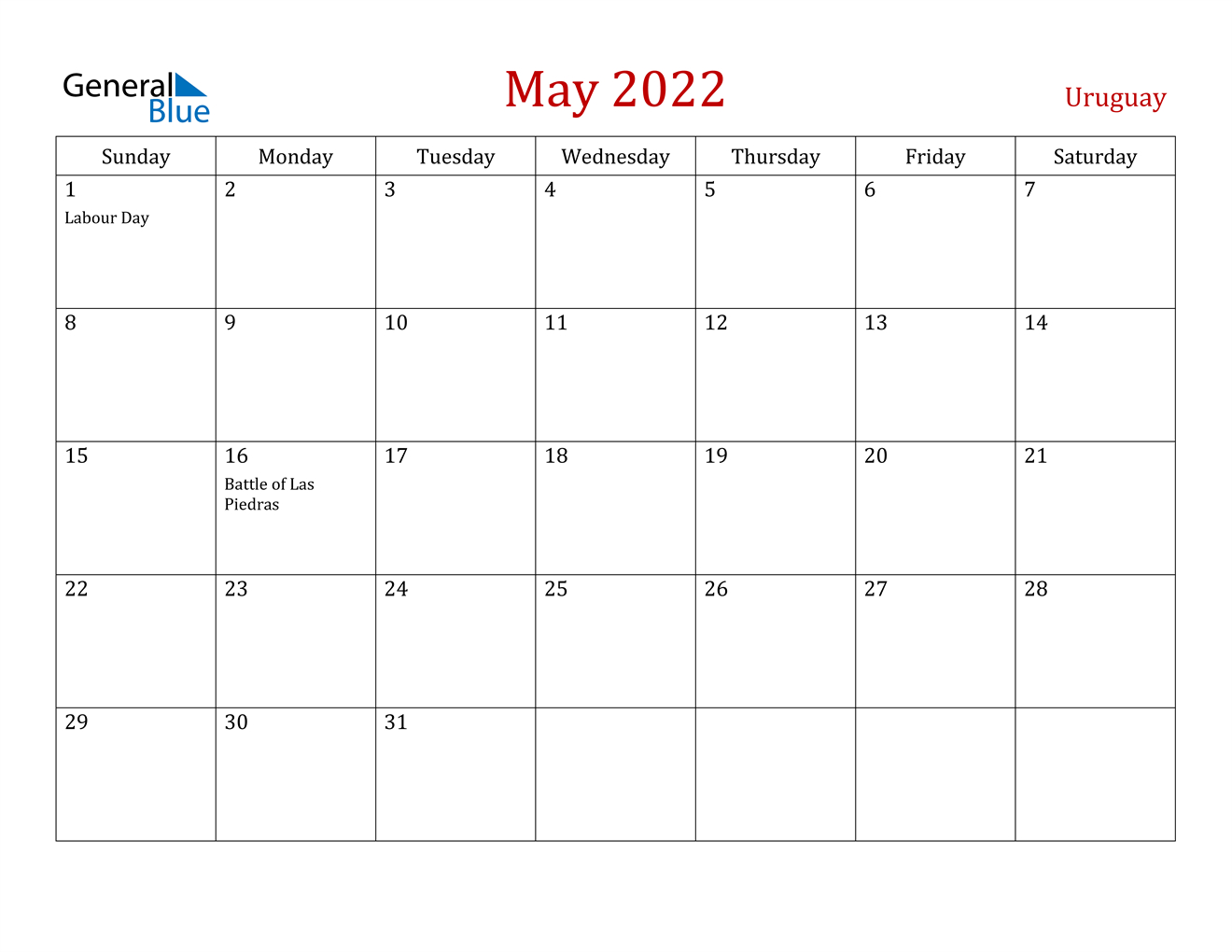 May 2022 Calendar - Uruguay