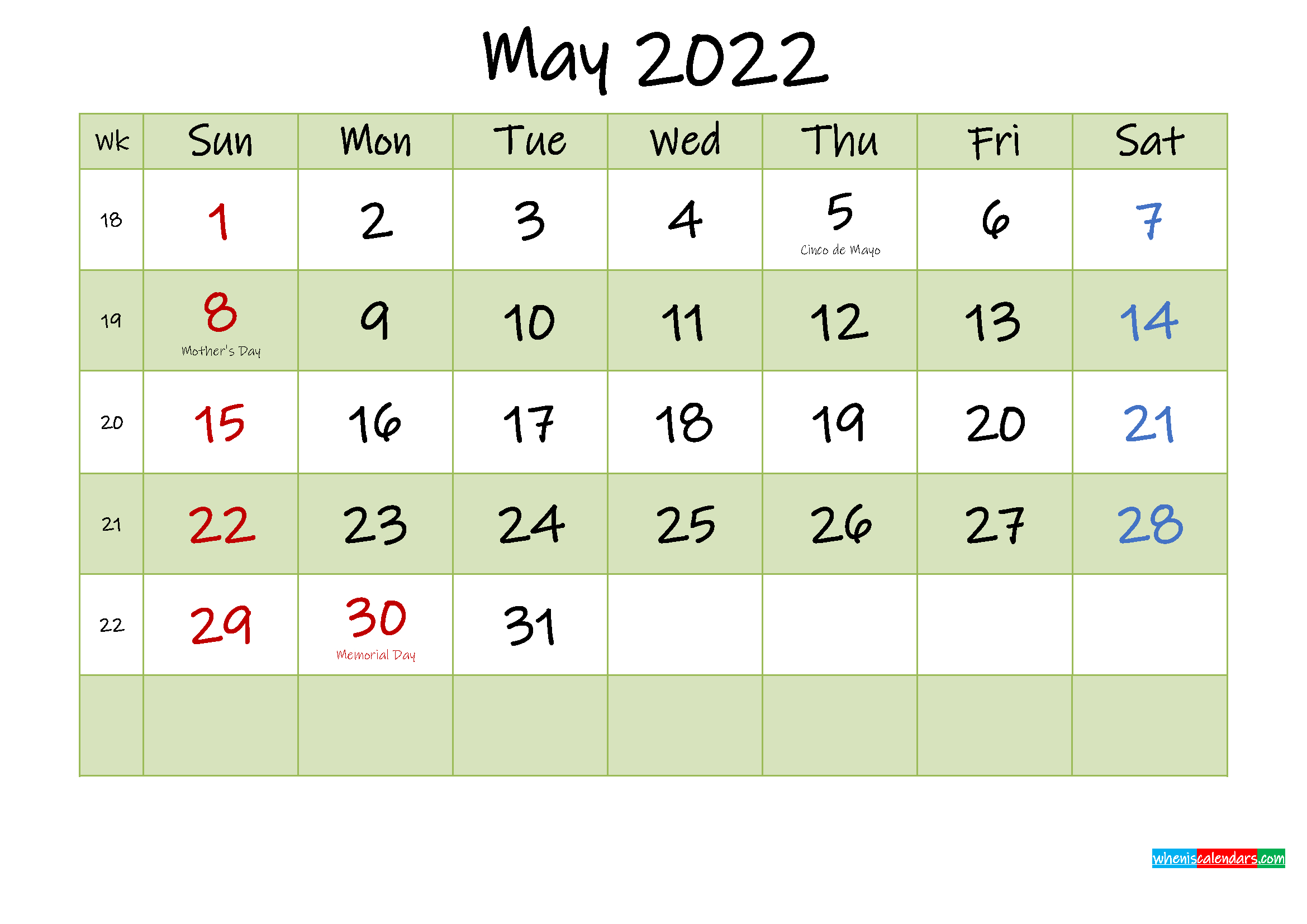 May 2022 Calendar With Holidays Printable - Template No