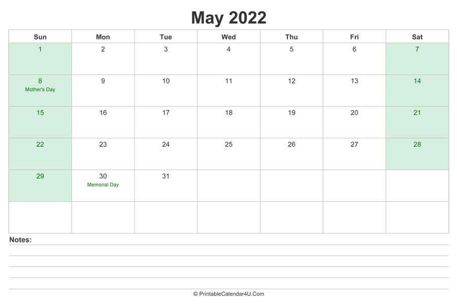 May 2022 Calendar With Us Holidays And Notes (Landscape