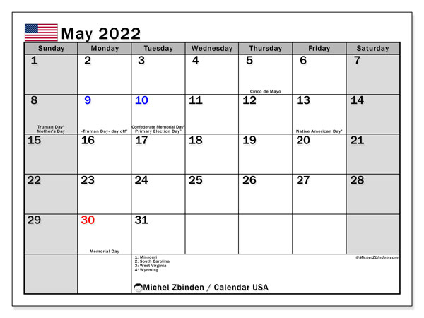 May 2022 Calendars &quot;Public Holidays&quot; - Michel Zbinden En