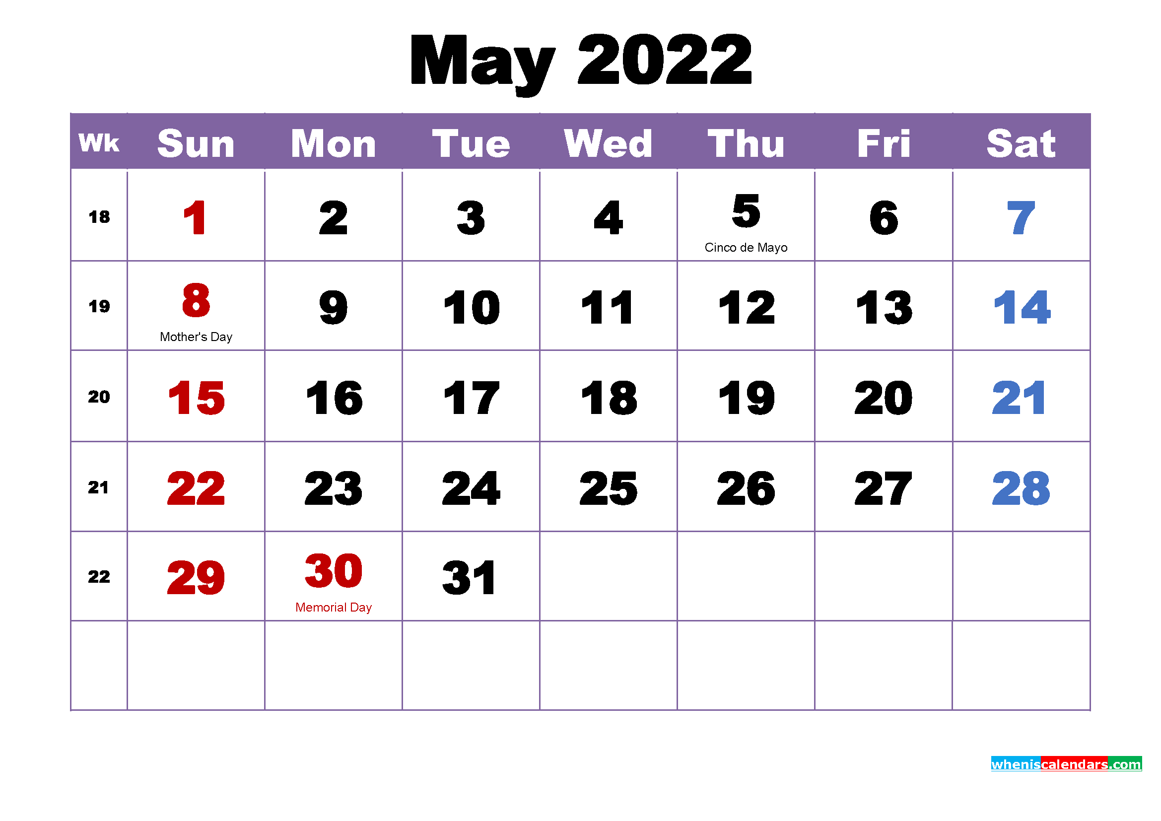 May 2022 Desktop Calendar Monthly