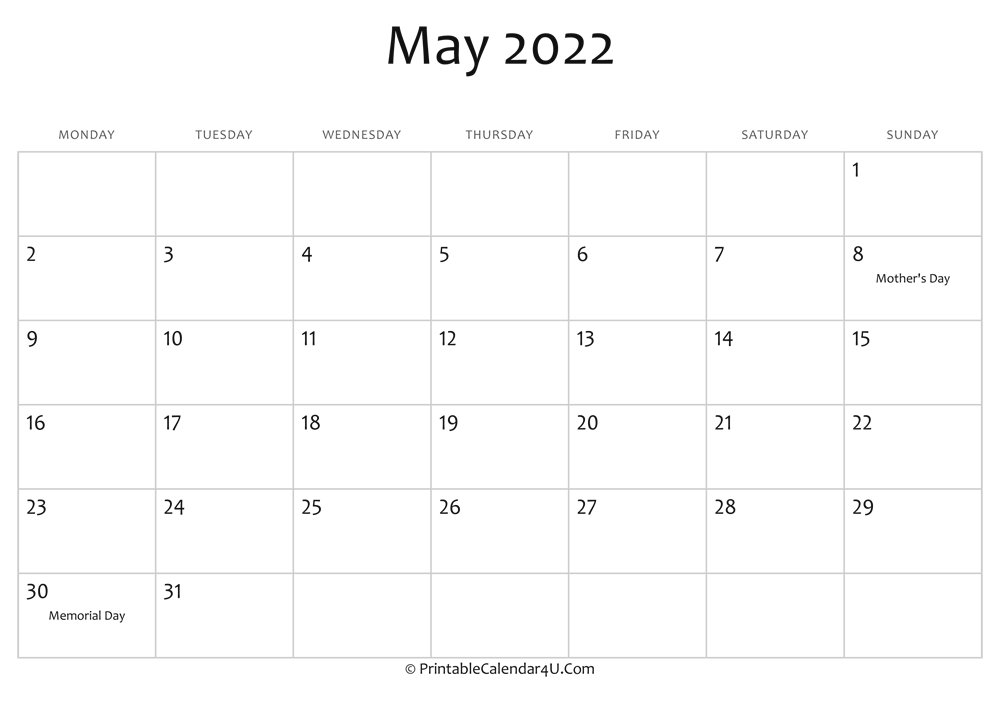 May 2022 Editable Calendar With Holidays