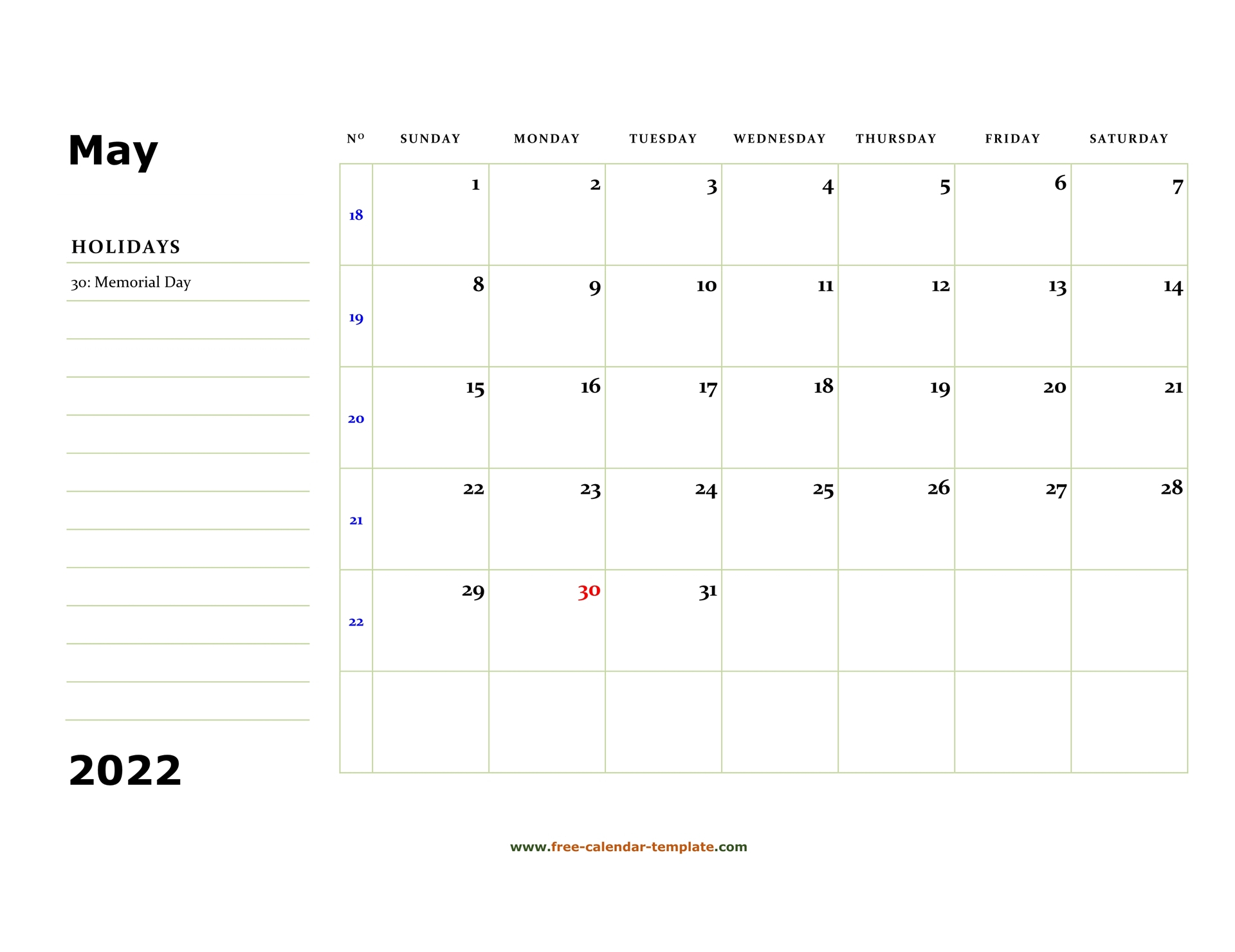 May 2022 Calendar Memorial Day Calendar Template 2022