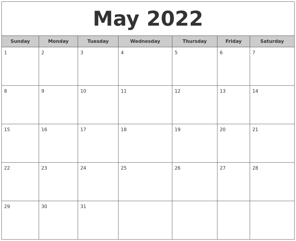 May 2022 Free Monthly Calendar
