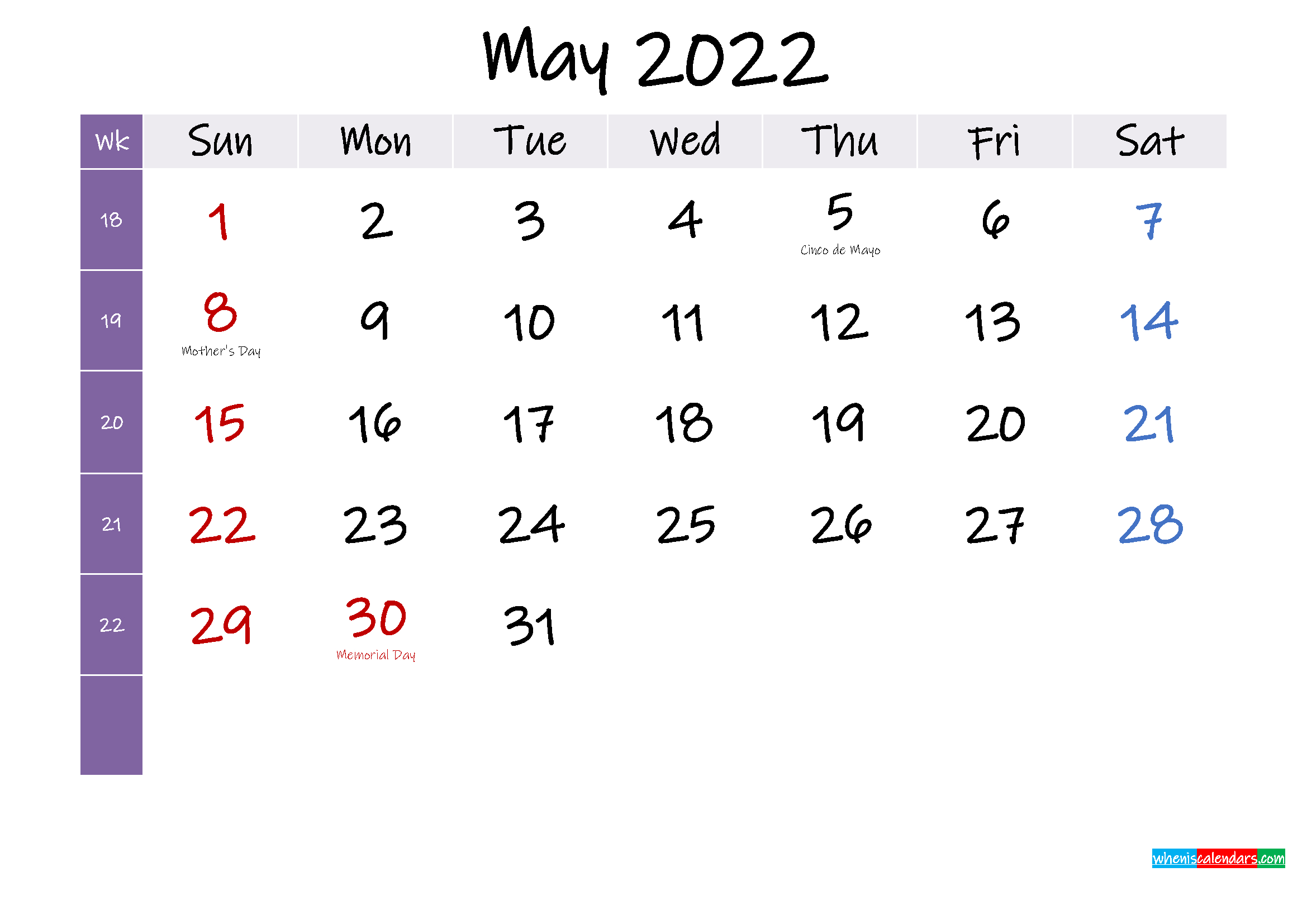 May 2022 Free Printable Calendar With Holidays - Template