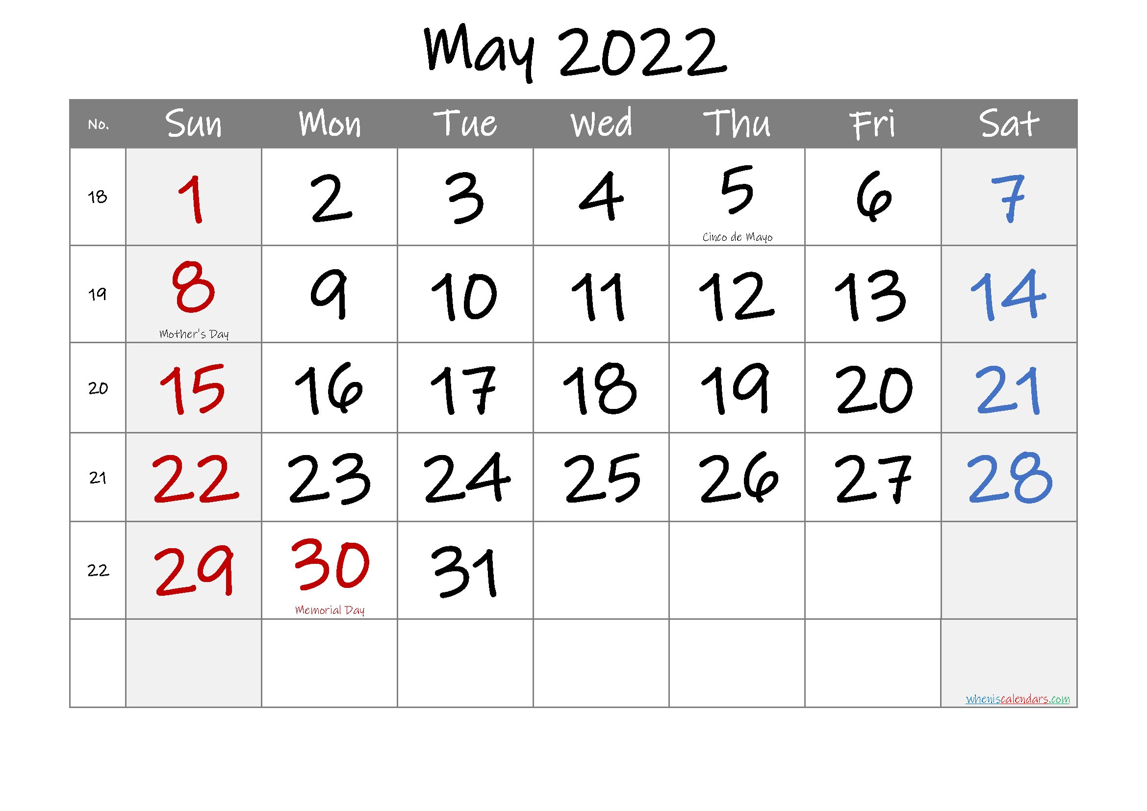 May 2022 Free Printable Calendar With Holidays-Template Noif22M17