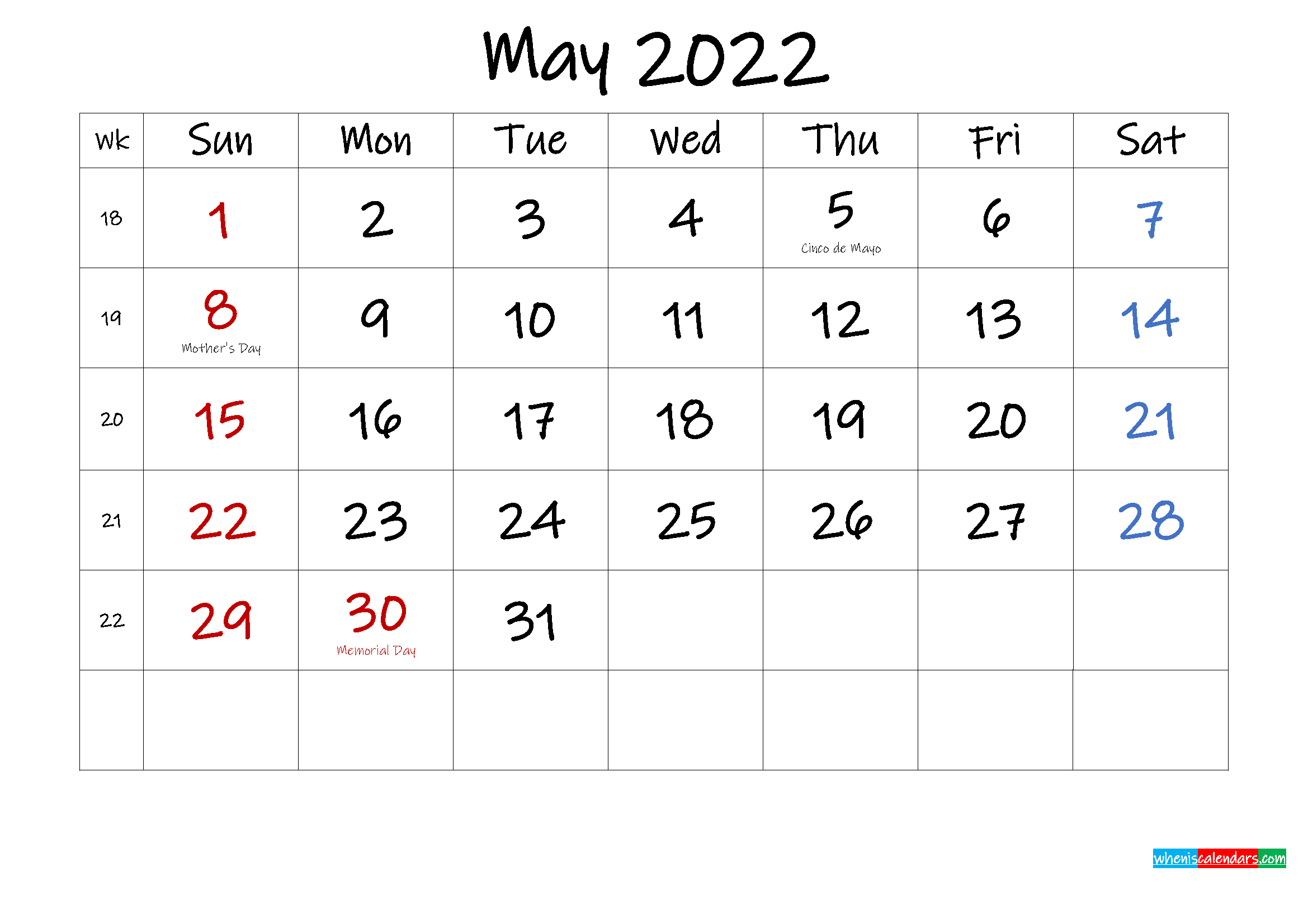 May 2022 Free Printable Calendar With Holidays - Template Noink22M593